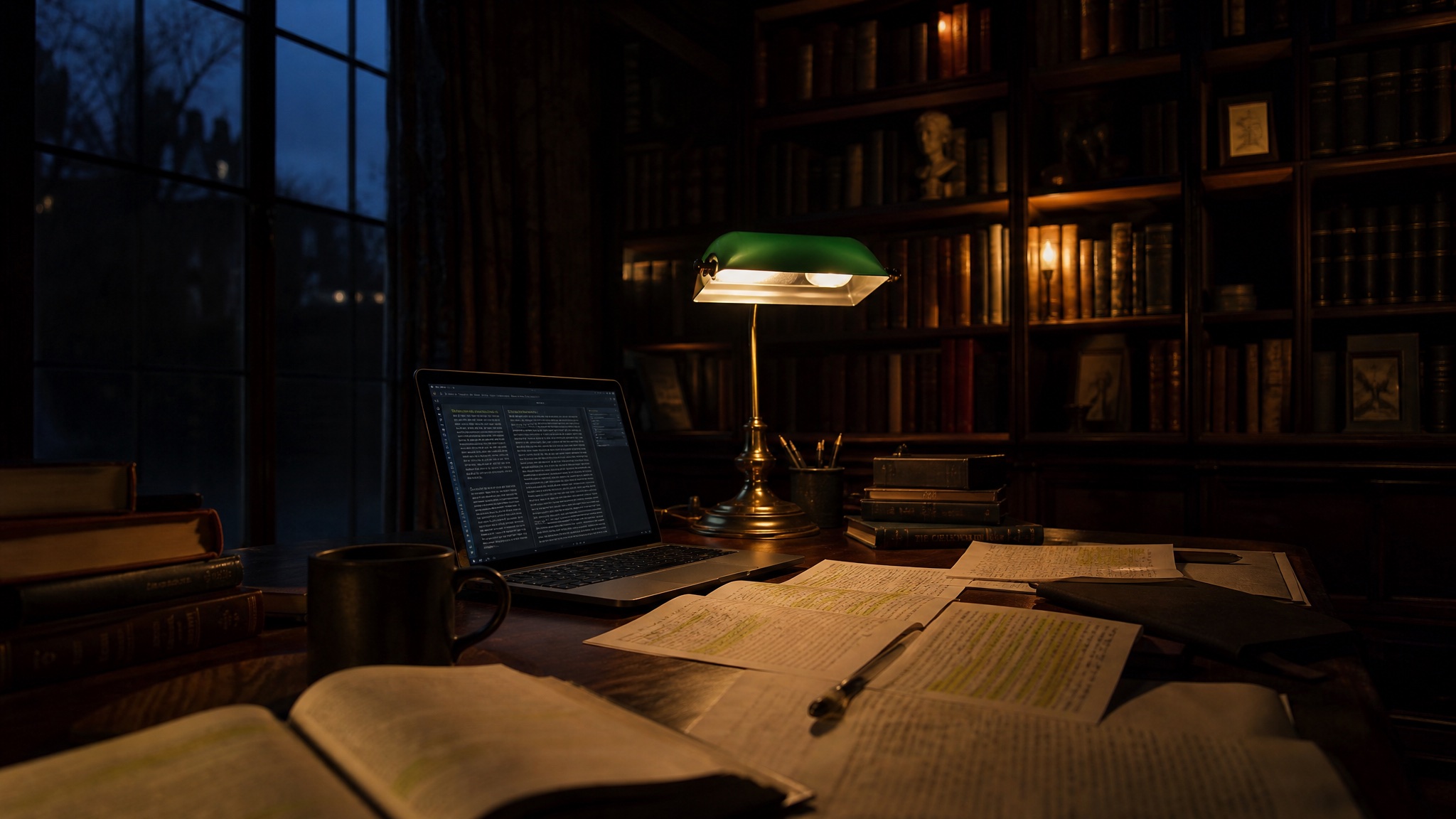 A private study at night with bookshelves and a reading lamp